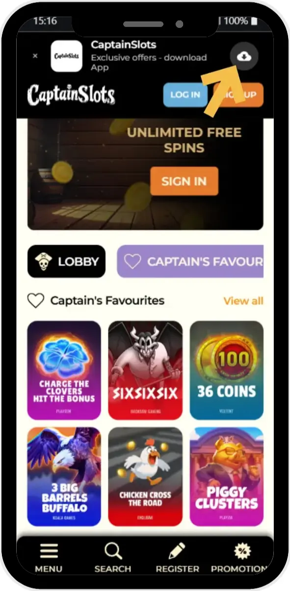 Appuyez sur « Télécharger Captain Slots APK »